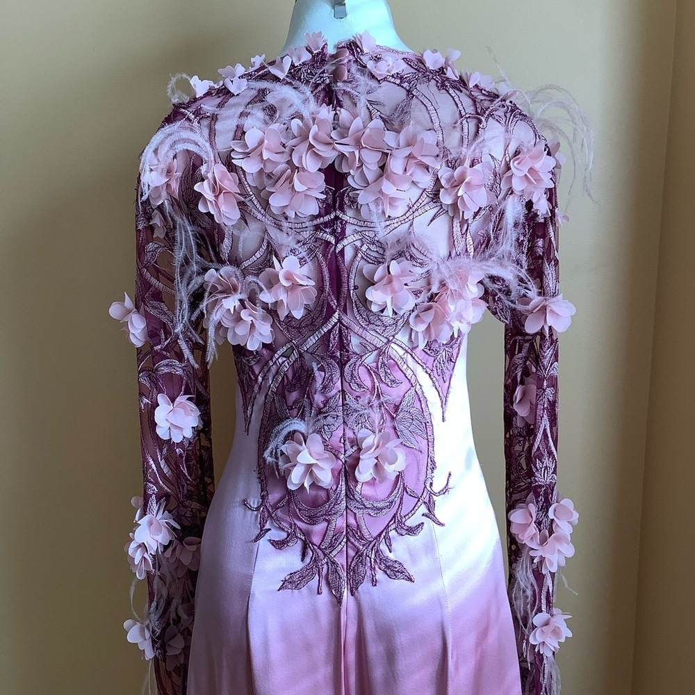 Designer Couture Pink Silk Jumpsuit Floral Appliqué Size Small - Picture 7 of 16